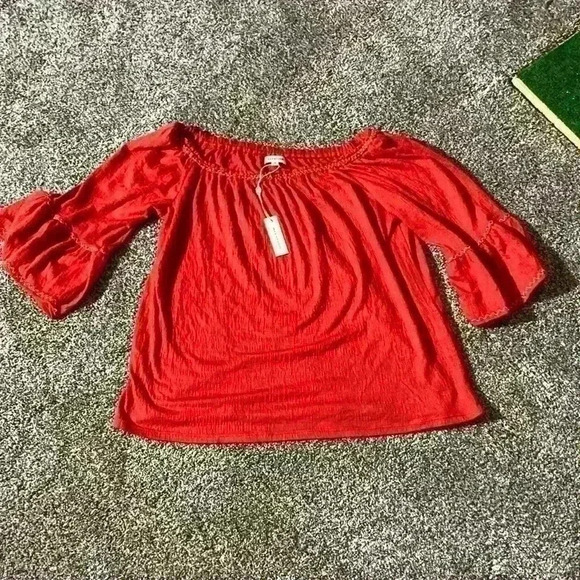 Max Studio - NWT- Orange off the shoulder textured blouse- M - Picture 1 of 7